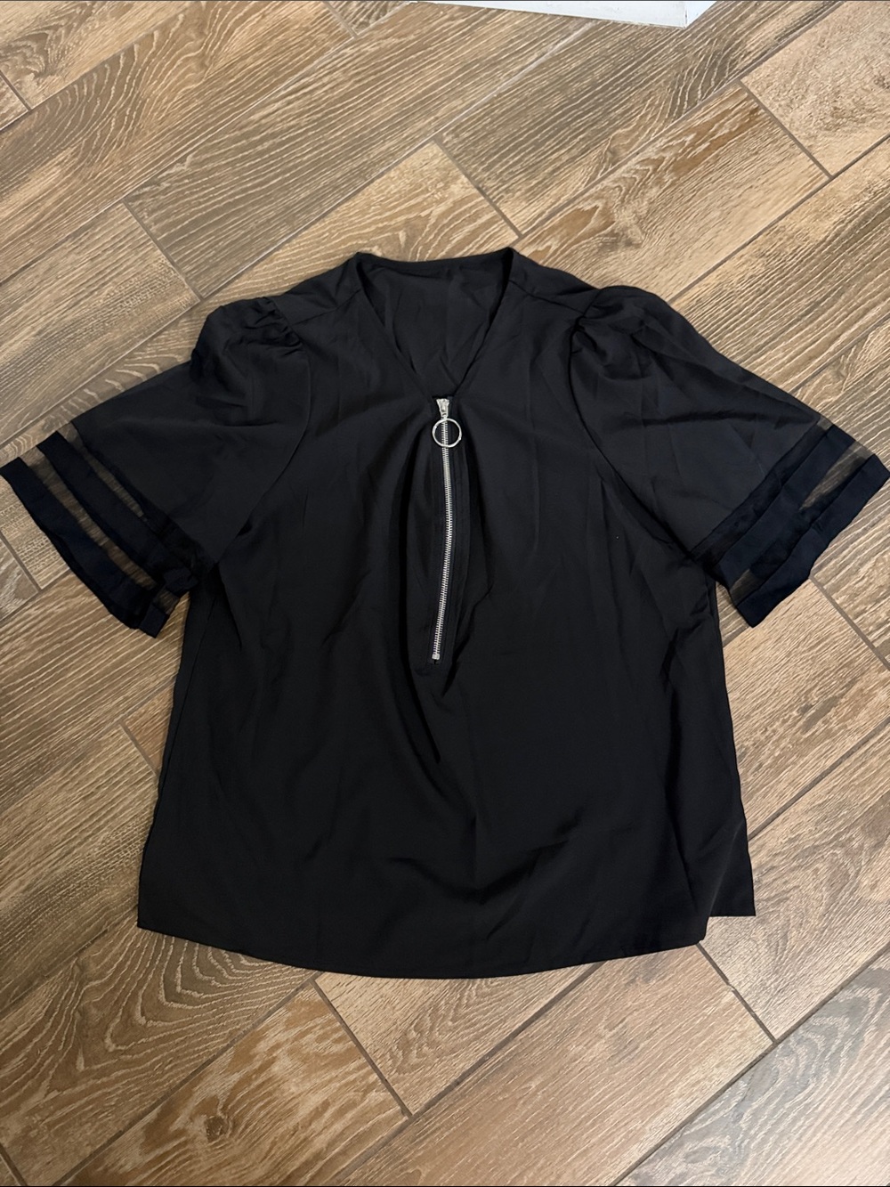 SHEIN Black Short-Sleeve Zip Front Blouse with Sheer Sleeve Stripes - XL